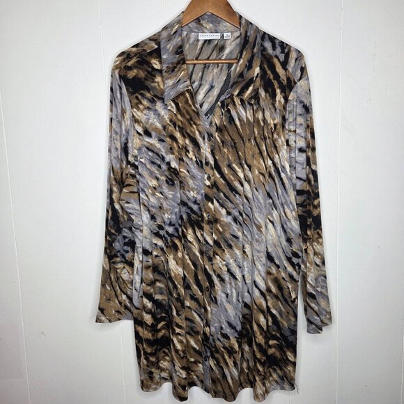 Susan Graver Womens Printed Liquid Knit Button Front Tunic Top Size 3X Stretchy - Picture 1 of 8